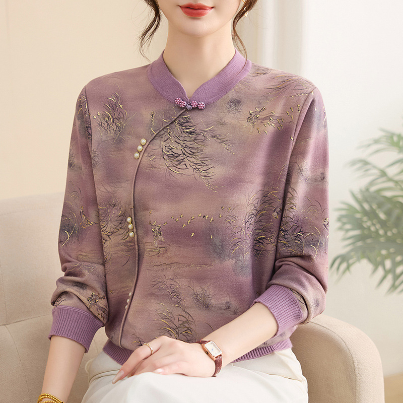 秋季新款妈妈上衣女洋气中老年针织小衫时尚简约印花中年人衣服女|undefined