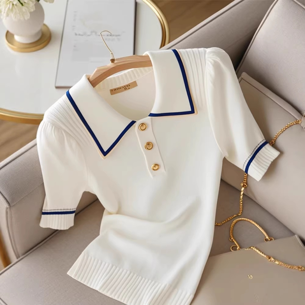Áo thun nữ cổ polo tay lỡ phối màu chất liệu cotton lạnh — trắng chi tiết 2