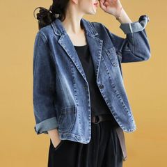 春と秋の大きいサイズの女性用デニムジャケット、スタイリッシュな小さなスーツ、ゆったりとした新しいスタイル、多用途のカジュアルなショートスリムスーツトップ
