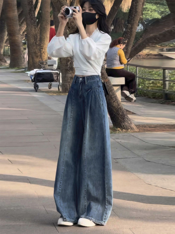 复古蓝色垂感阔腿牛仔裤女春秋新款大码胖mm宽松显瘦直筒拖地裤子|undefined