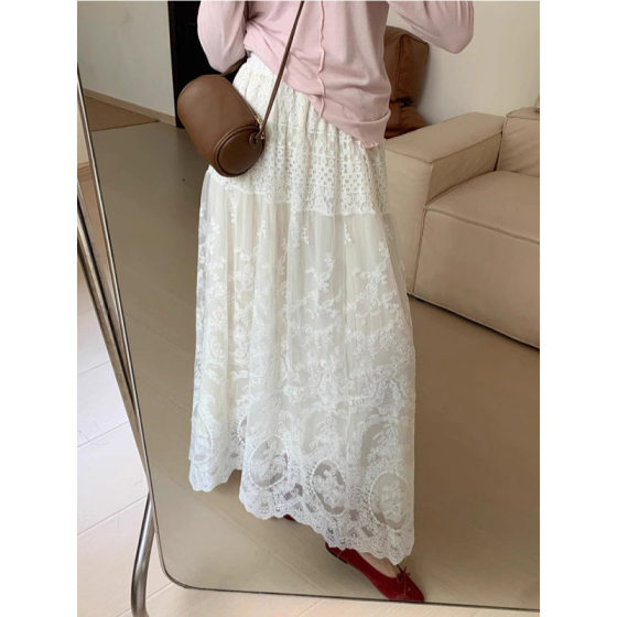French Lace White Skirt for Women 2025 New Spring and Summer Mid-Length Gentle Elegant Slimming Look Umbrella Skirt