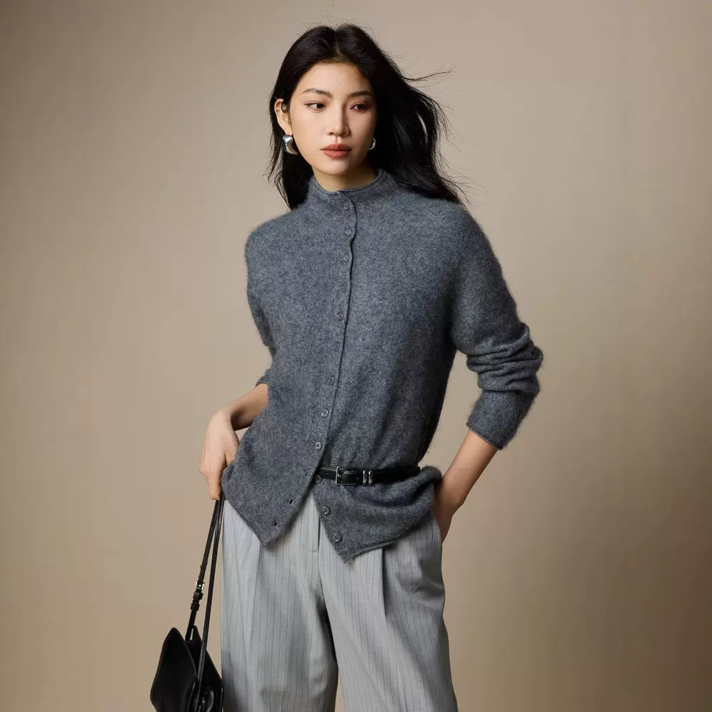 拉绒系列含羊绒拉毛毛衣女秋冬外套25新款女装卷边半高领针织开衫