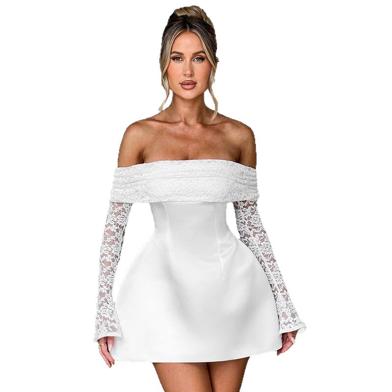 2025 verano nuevo estilo europeo y americano transfronterizo ropa de mujer de un solo hombro top de tubo de manga larga sexy vestido de encaje delgado en forma de A image 6