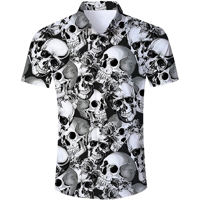 2023 Summer Hot Selling Hawaiian Skull Men's Lining 3d Digital Printing Short Sleeve Lapel Cardigan Men's Shirt