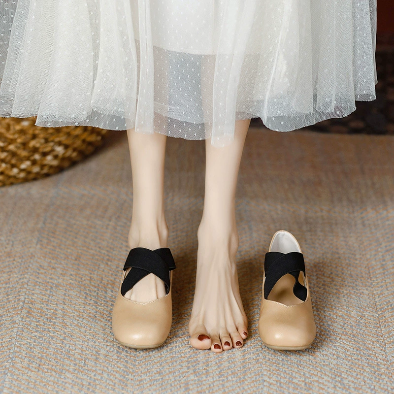Женские балетки Гонконг 2025 Весна-Осень, квадратный носок, неглубокий вырез, французские мэри-джейн