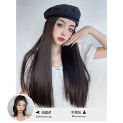 Wig women's long straight hair wig hat one-piece women's fashion long curly hair navy hat beret wig full head cover