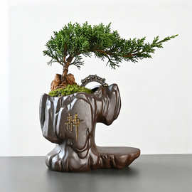 禅意仿石陶瓷花盆厂家批发 真柏盆景造景专用带底座花盆