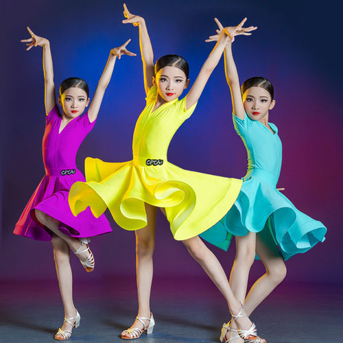 Children girls latin dance dresses yellow purple turquoise Latin dance suit girls ballroom dance show clothing professional game rules dance skirt