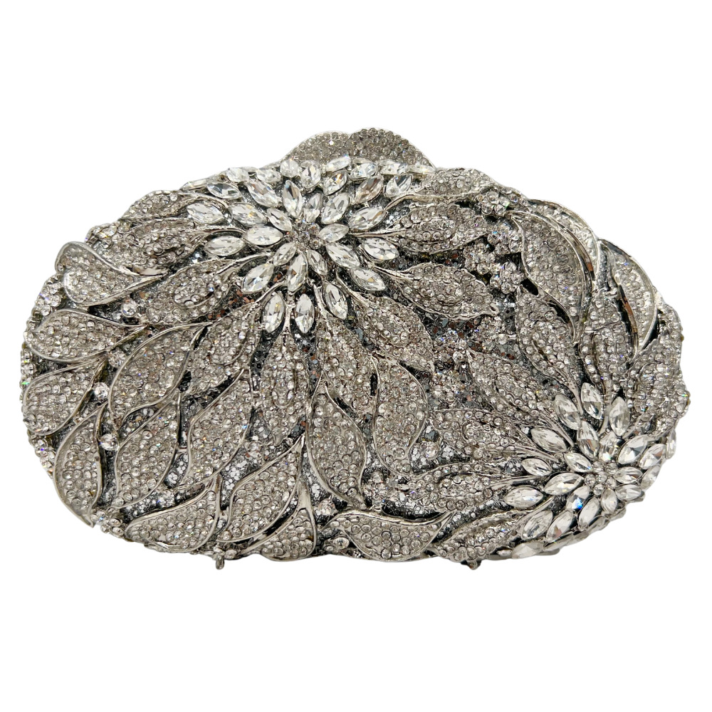 Bolsa de embrague hoja de flores de diamantes bolsas de banquete bolsas de mano de mujer bolsas de diamante metal hueco caja dura