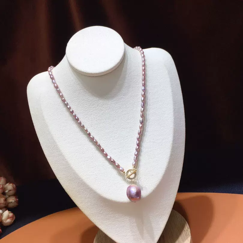 欧美风天然淡水巴洛克珍珠项链女4-12mm紫色米珠搭配OT扣时尚潮流