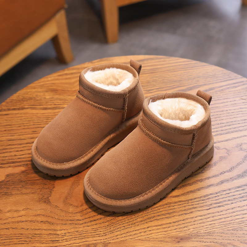 2024 Winter Genuine Leather Children's Snow Boots New Boys' fleece-lined Thickened Ankle Boots Girls' Anti-slip Warm Large Cotton Shoes