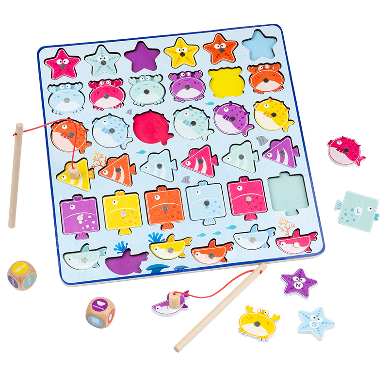 Wooden cognitive magnetic marine toy for fishing