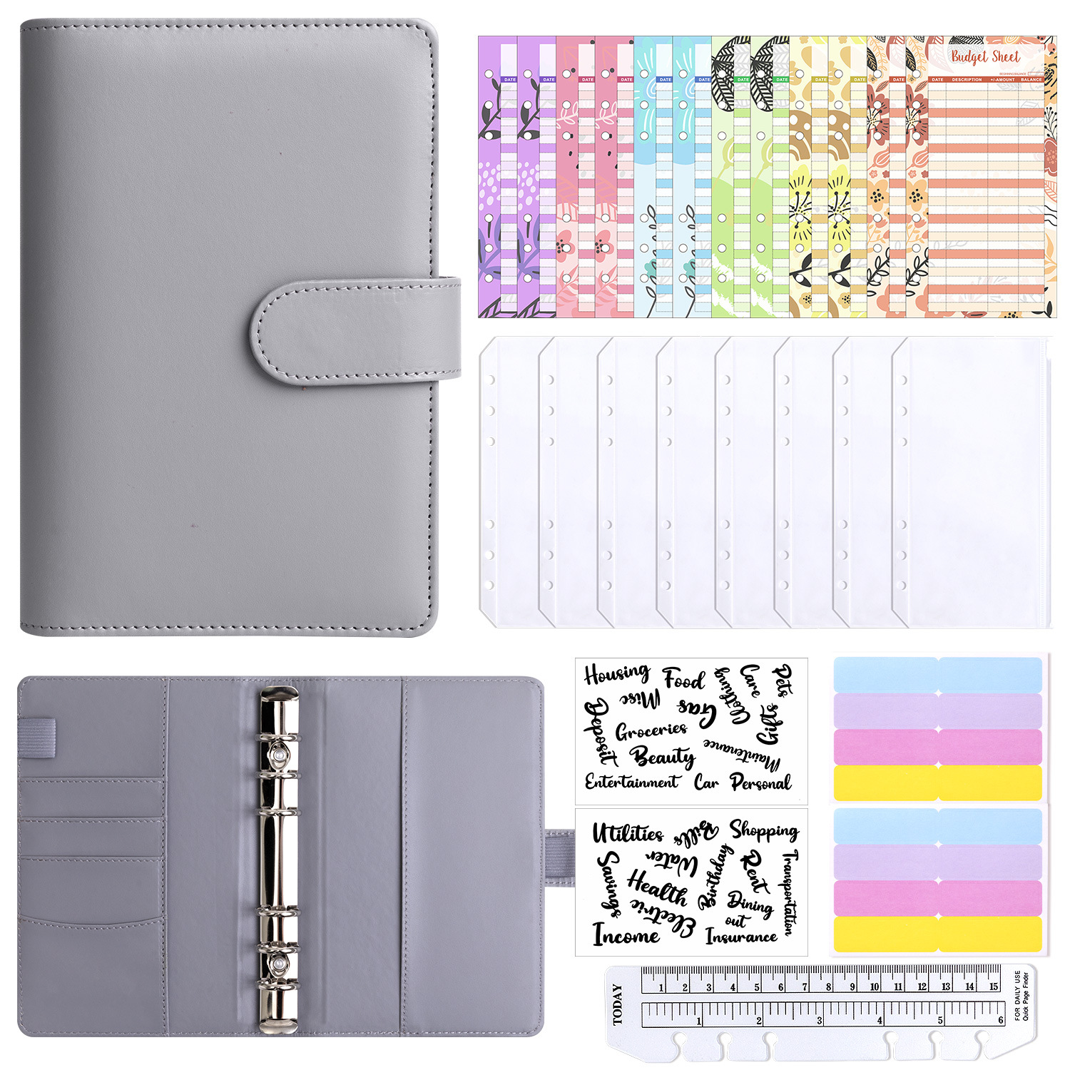 Presupuesto transfronterizo Cash Clip de hojas sueltas Bolsa con cremallera Sobres Libro de cuentas A6 Macarons PU Cuaderno de hojas sueltas de cuero