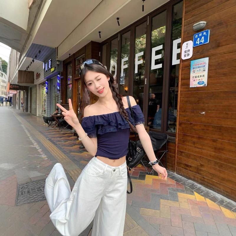 Lace Ruffled One-Line Off-Shoulder Top for Women Summer New Design Slimming Short Shirt