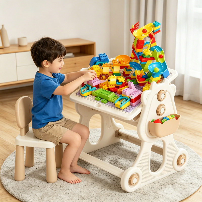 Children's Multifunctional Building Block Table Set, Large Particle Building Blocks, Educational Games, Learning Table, Baby Toy Table and Chair Wholesale