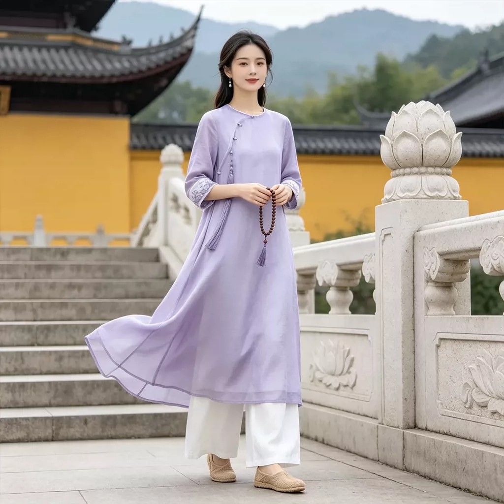 仙气疗愈禅服新中式女装禅意佛系茶服连衣裙改良寺院拜佛居士服饰