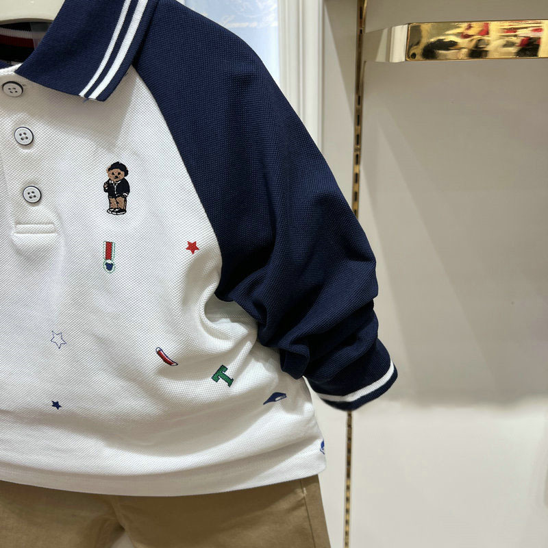 春秋の新作、男の子用クマ柄襟付きカラーブロックプリントポロシャツ、長袖Tシャツ、トレンディで多用途なトップス|undefined