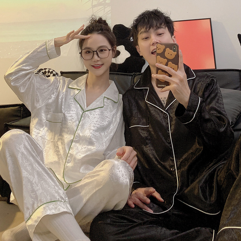 Pareja de pijamas de las mujeres de primavera y otoño de seda de hielo de manga larga delgada de seda real más el tamaño de grasa mm200 kg traje de los hombres de verano