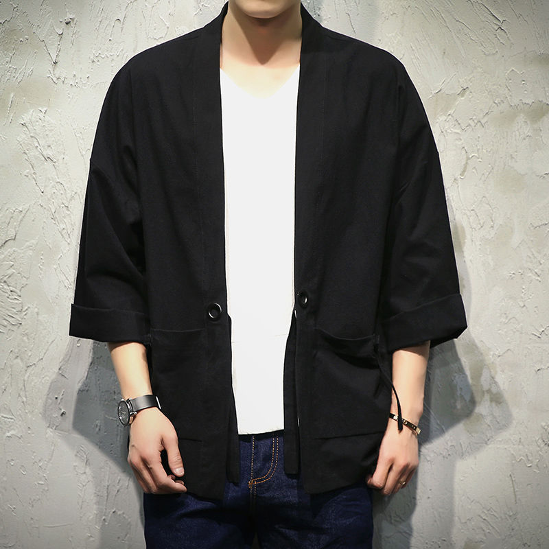 Chaqueta de estilo chino, manga tres cuartos, traje Tang masculino, Hanfu, cárdigan japonés japonés, kimono, lino, pino ancho image 12