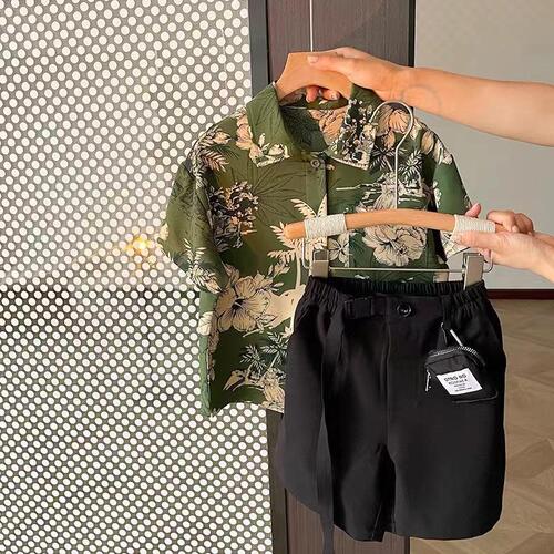 Green leaf floral parent-child casual ice silk chiffon 2024 new children's beach girls short-sleeved shirt parent-child wear summer
