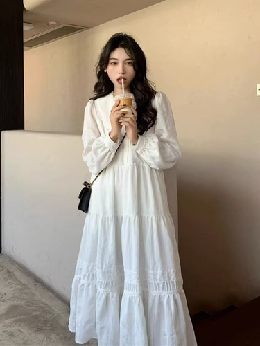 White Gentle Breeze Babydoll Neck Long-Sleeve Dress for Women, Spring and Autumn French Style, Elegant and Slimming Fairy Dress