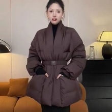 设计感冬季棉服女中长款冬季新款韩版系带收腰显瘦外套保暖米白色