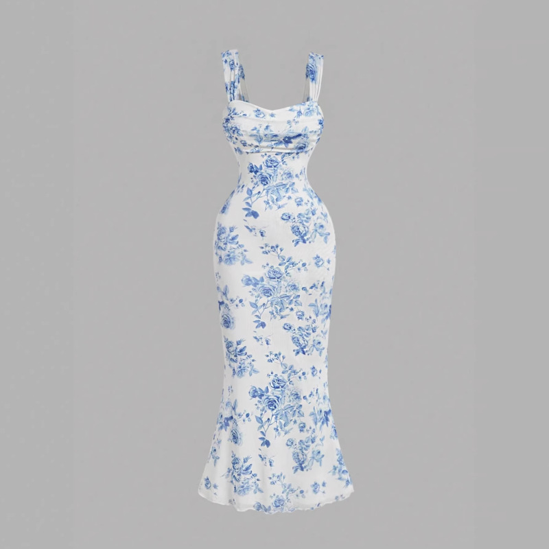 2026 Cross-Border Amazon, Shein, Summer Women's Blue and White Floral Print Bodycon Dress, Versatile and Versatile