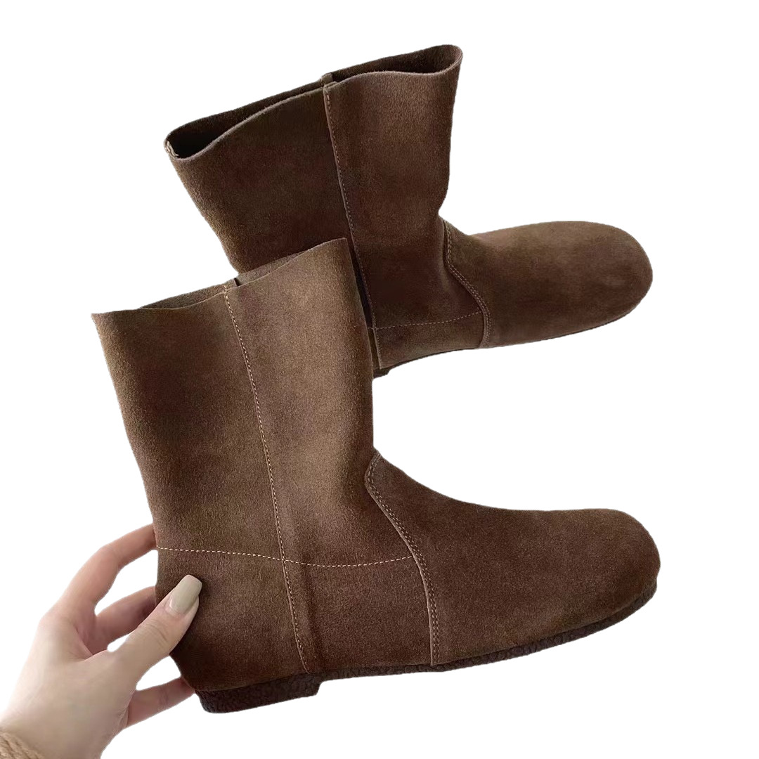 Chaussures ShoeVault en cuir suédé véritable pour femme, modèle Martin, collection automne-hiver 2024, style rétro, bout rond, souple, confortable et polyvalent._voghion.com