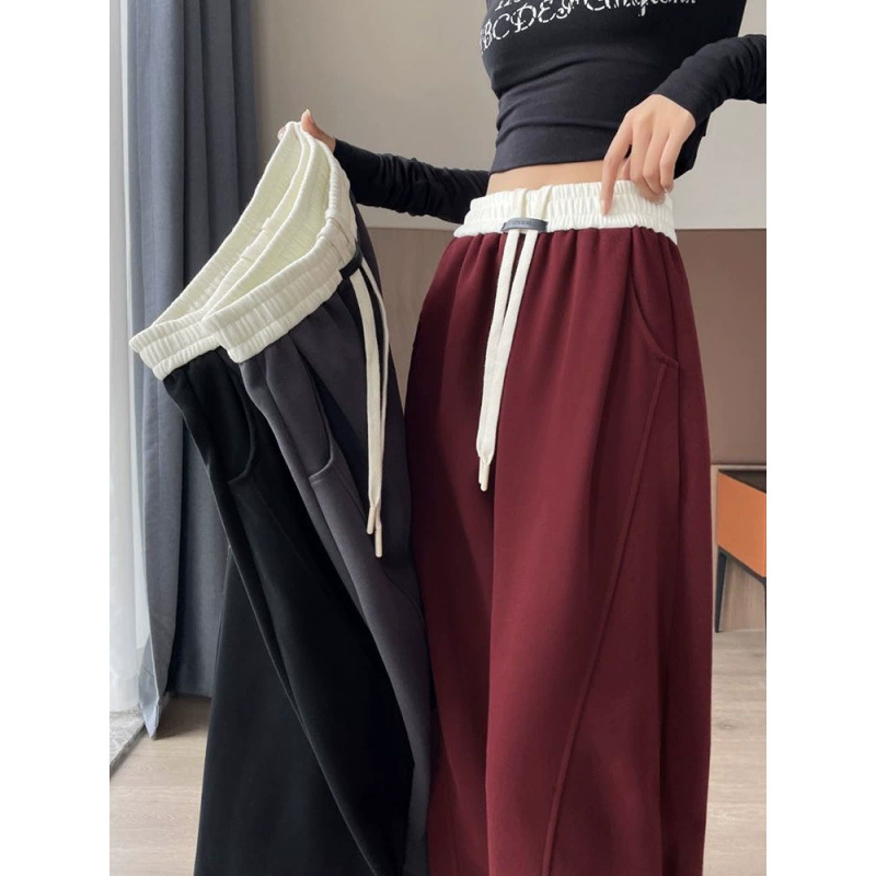 Анкора красный контрастный серповый спирали женские осенние новые эластические высокие талии свободные вертикальные повседневные спортивные штаны с широкими ногами