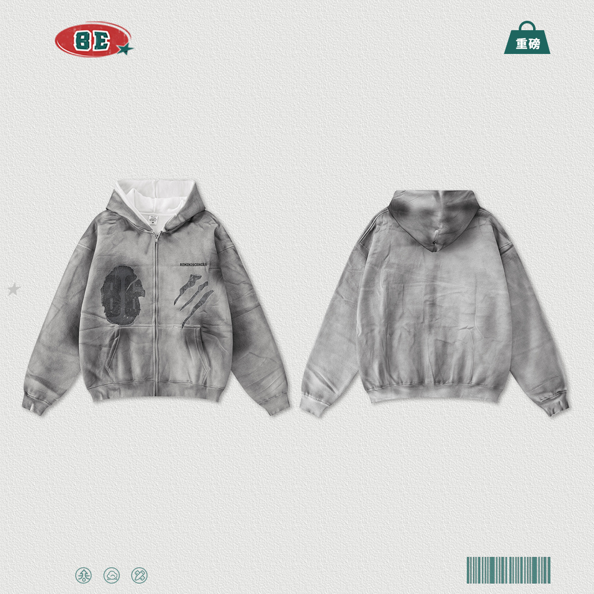 BE ropa de hombre de otoño de 2025 estilo americano viejo vibe de la calle alta teñido sucio con cremallera camisa con sombrero de veludo grande cardigan suéter hombre
