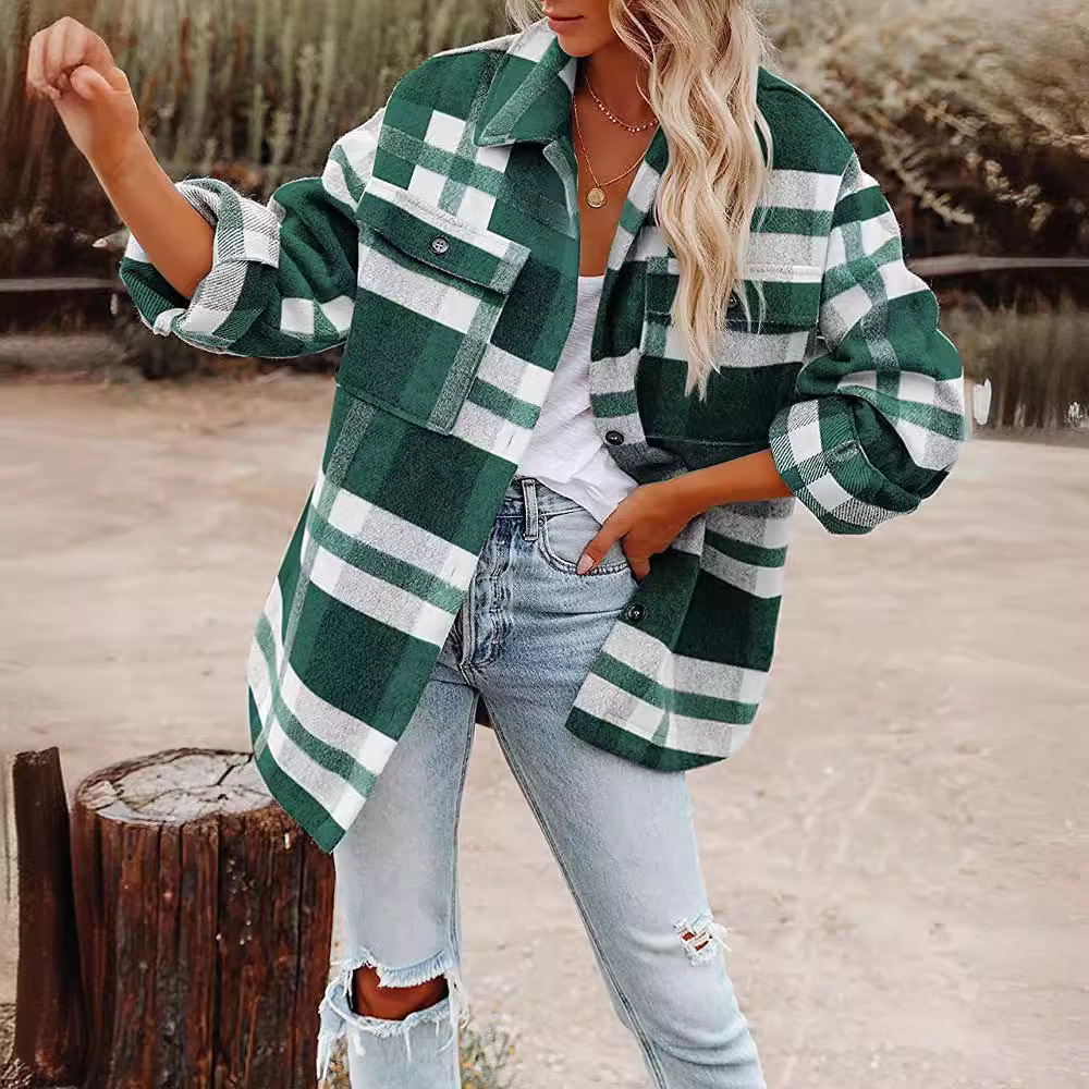 2022 Amazon Otoño e Invierno ropa de mujer transfronteriza europea y americana Amazon botón a cuadros franela abrigo de camisa de lana