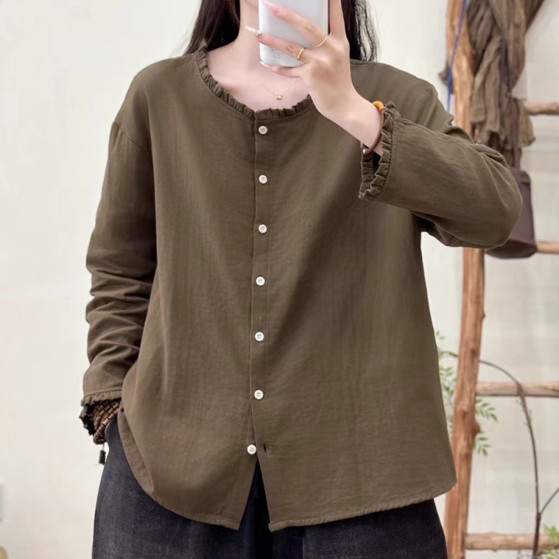 木耳领双层棉纱长袖T恤女新款宽松棉质衬衫开衫上衣衬衣|undefined