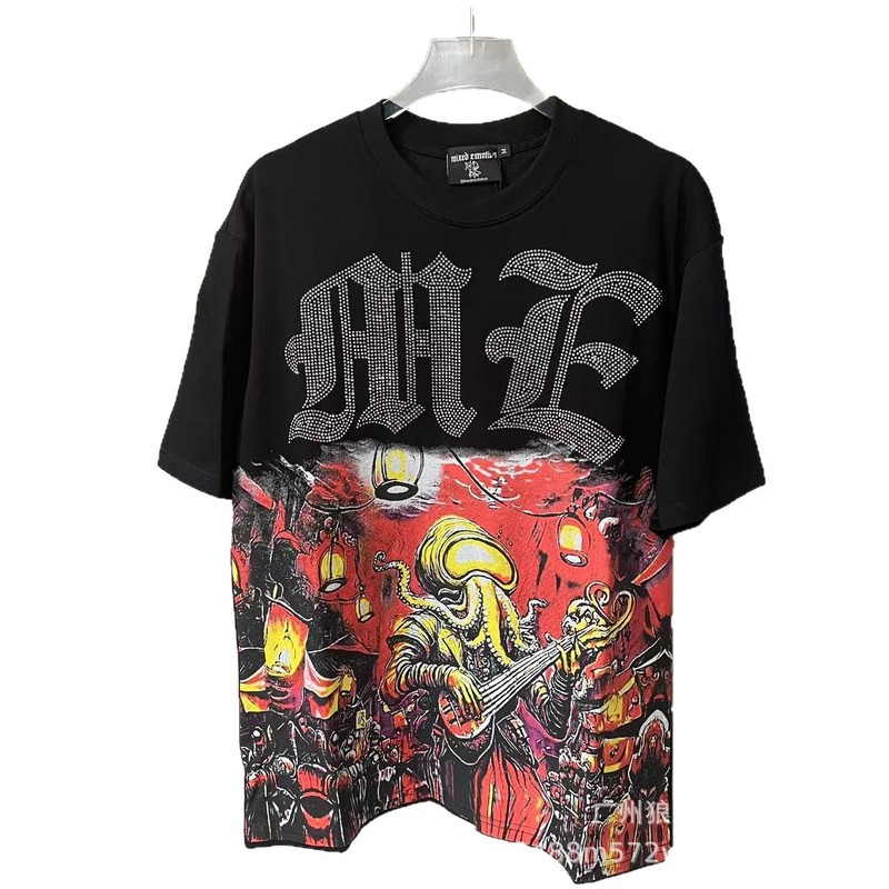 MIXED EMOTION レトロホットダイヤモンドプリントロゴ美しいトレンディなラウンドネックルーズカジュアル半袖Tシャツ男性と女性用|undefined