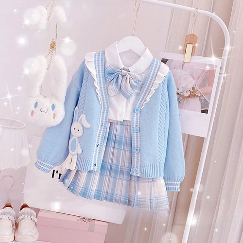 Girls' JK Set Dress  Autumn New School Style Pleated Skirt Cardigan Knit Children's Stylish Dress