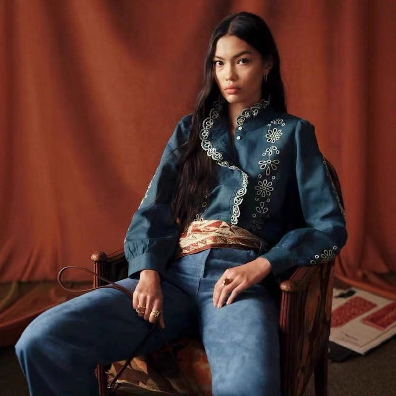 Nanyou Embroidered Shirt for Women, Long Sleeve French Embroidery with Ruffled Edges, Fashionable and Versatile Puff Sleeve Shirt Top for Women, New Style