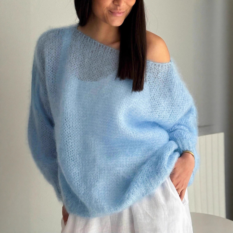 2025 Korean Style Autum Lazy Style Knitwear for Women Loose Outer Wear Pure Color Thick Wool Personalized Off-Shoulder Short Knitwear