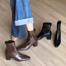 美拉德方头时装靴2025年秋冬新款百搭瘦瘦靴气质百搭粗跟短靴女
