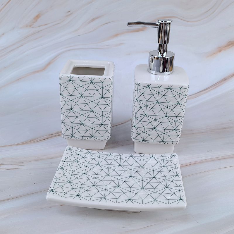 Taza de enjuague bucal de mármol Juego de baño Botella de prensa de cerámica Juego para el hogar Juego de tres piezas de almacenamiento de baño de hotel