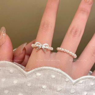 Light Luxury ~ Niche Bow Imitation Pearl Ring Beaded Cold Style Ins Noble Index Finger Ring High-End Ring