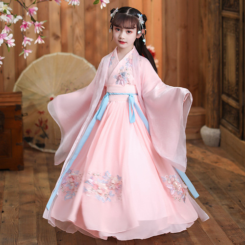 Children Hanfu Girls chinese Ancient Fairy princess dress Pink folk dance costumes Tang Guzheng Performance gown kimono dress