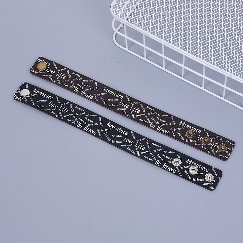 Men's Wide Leather Bracelet, Fashionable and Versatile, with English Letter Print, Trendy Rock Leather Wristband