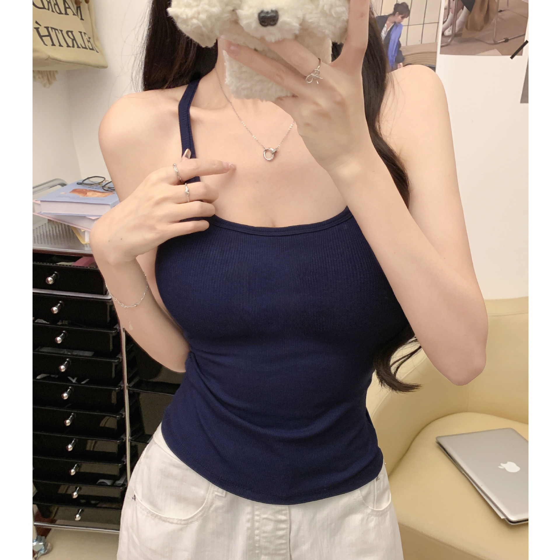 K1366 Camisole for Women, Summer Style, American Sexy Slim-Fit Sleeveless U-Neck Top with Chest Pads