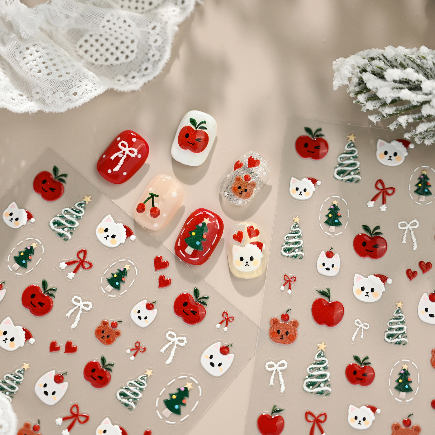 铁素跨境爆款圣诞甜宠美甲贴纸M1292平安果猫咪爱心圣诞树指甲贴
