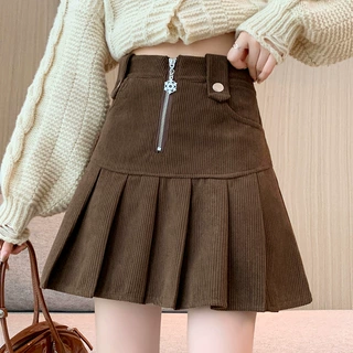 灯芯绒百褶半身裙女秋冬设计拉链高腰a字短裙复古遮胯显瘦包臀裙