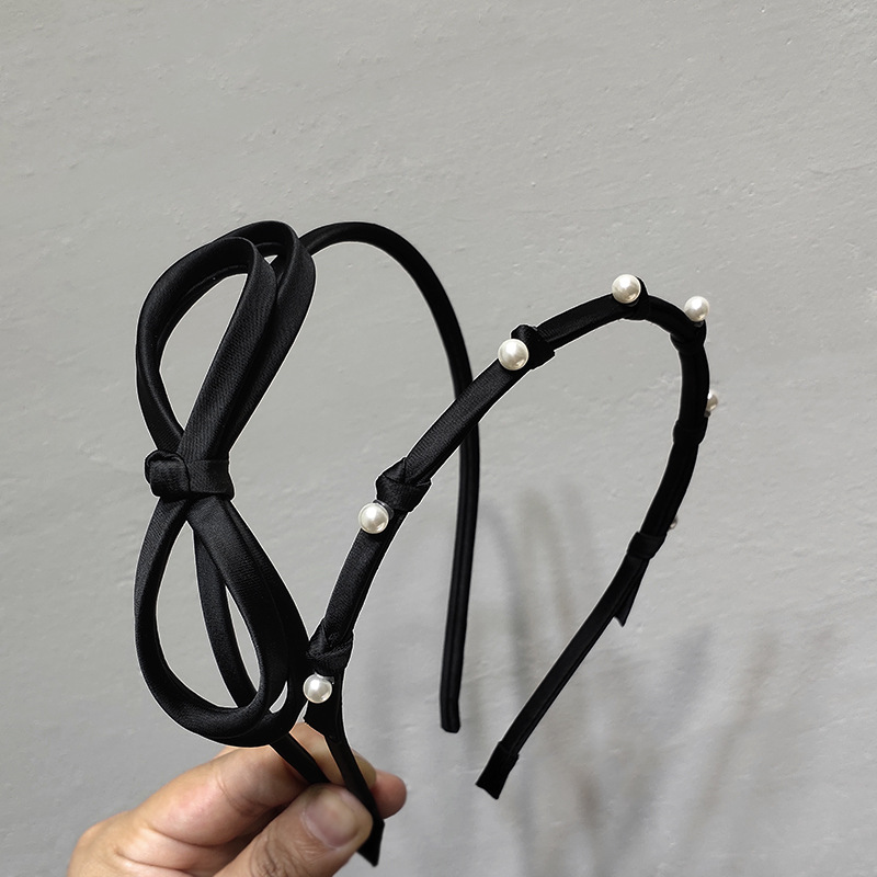 韓國發箍髮飾黑色細邊蝴蝶結珍珠發卡發箍優雅壓發外戴頭箍