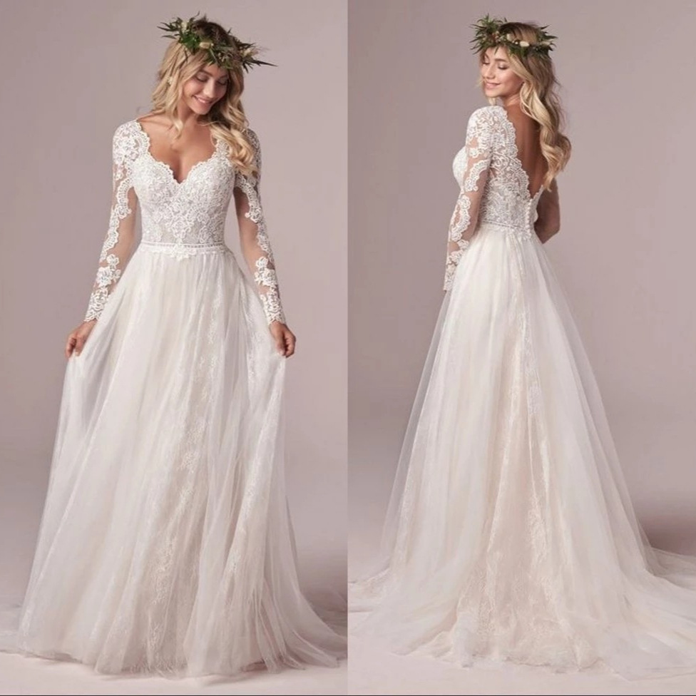 Amazon V Neck Long-Sleeved Light Wedding Dress 2025 European and American New Style Lace Slim Elegant Wedding Dress Small Tail for Women