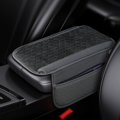 Car armrest pad plush multifunctional side bag storage bag car sponge heightening cushion winter car supplies (Armrest box pad) - black