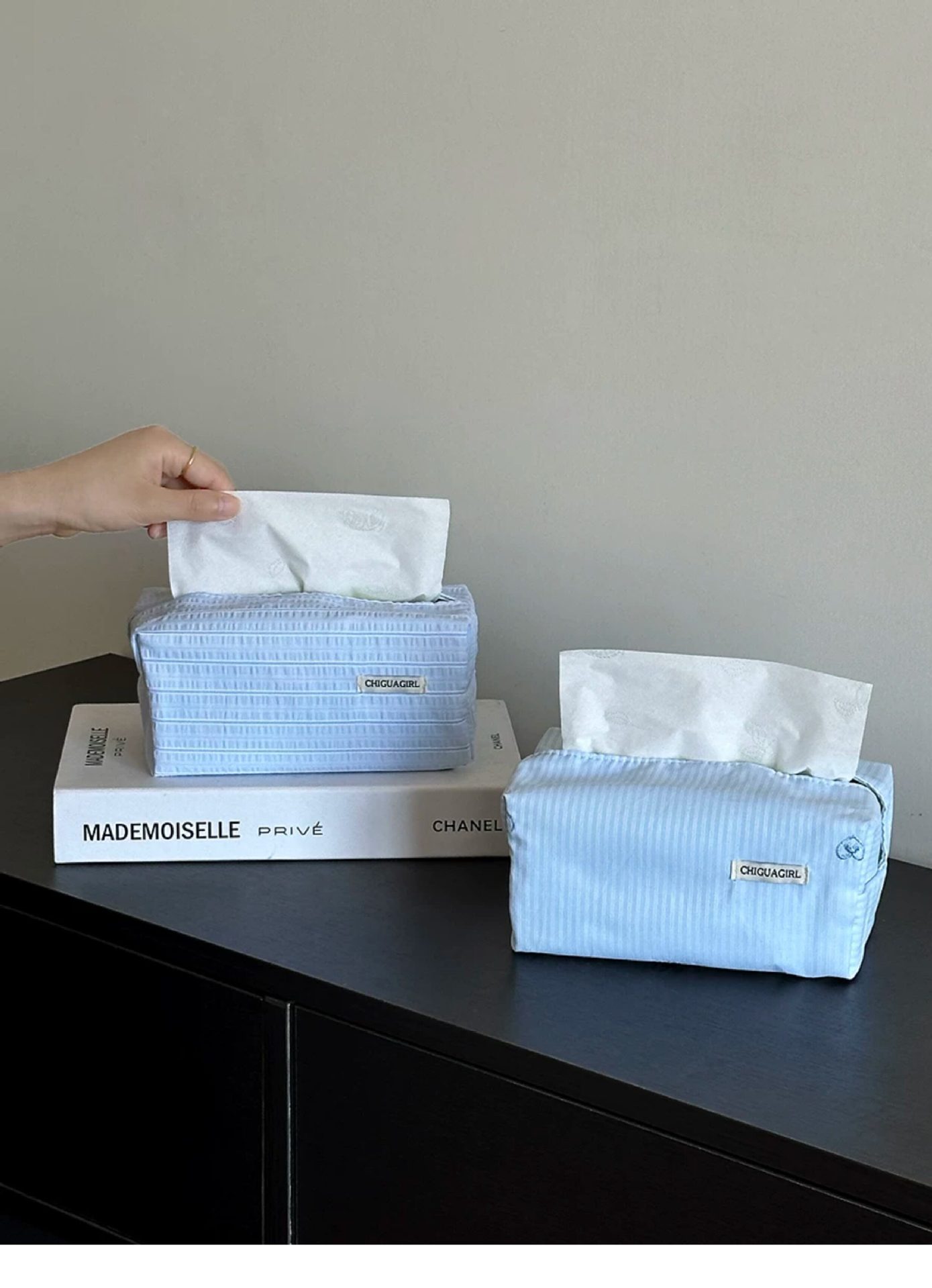 Korean-Style Blue Striped Tissue Box Fabric Tissue Cover with Simple Embroidery, High-End Feel, Desktop Decoration Ornament