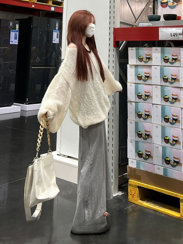慵懒风长袖镂空针织衫套装女秋季叠穿灰色简约修身显瘦吊带连衣裙|undefined