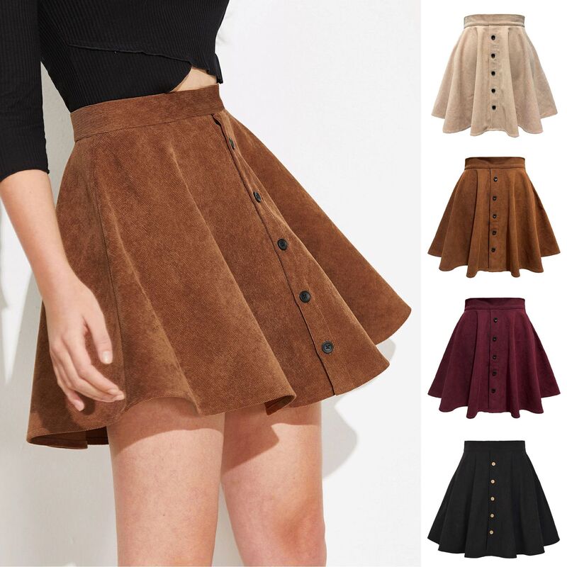 2024 Amazon Women's Solid Color Corduroy Autumn and Winter Skirt, Fashionable and Sweet Single-Breasted High-Waisted A-Line Skirt for Women